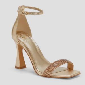 Vince Camuto Relasha Gold Ankle Strap Rhinestone Open Toe Heels 7.5